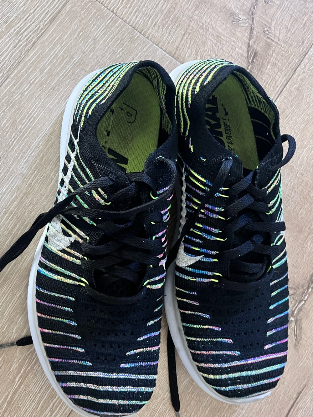 Nike Kids Free RN Flyknit Sneakers - Black with Neon Green Accents
